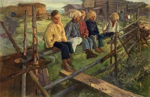 Corral Prints: Children on a Fence (Sparrows), 1883, (1965). Creator: Illarion Pryanishnikov