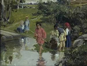River Landscape Gallery: Children Fishing, 1882. Artist: Pryanishnikov, Illarion Mikhailovich (1840-1894)