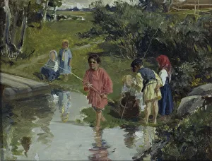 Children Fishing, 1882. Artist: Pryanishnikov, Illarion Mikhailovich (1840-1894) Children Fishing, 1882. Artist: Pryanishnikov, Illarion Mikhailovich (1840-1894)