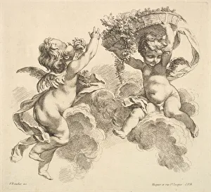 Huquier Prints: Two Children, One Holding a Basket with Flowers, 1738-45. Creator: Gabriel Huquier