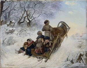 Sleigh Ride Driving Collection: Children on a horse drawn sleigh, 1870. Artist: Pelevin, Ivan Andreyevich (1840-1917)