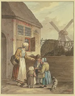 Backyard Prints: Three children with an old woman in front of a house