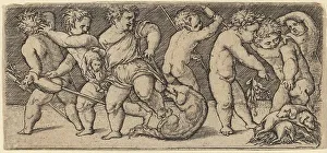 Puppies Prints: Children Playing with a Bitch and Three Young Dogs. Creator: Master of the Horse Heads