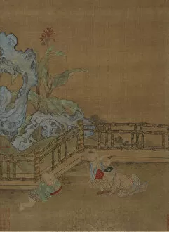Images Dated 20th August 2021: Three children playing on a garden terrace, Ming dynasty, 1368-1644. Creator: Unknown