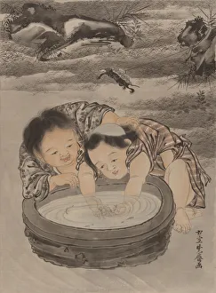 Kawanabe Kyosai Prints: Two Children Playing with Goldfish, ca. 1887. Creator: Kawanabe Kyosai