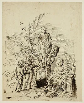 Jan Vanderbank Prints: Children Playing near Statue in Garden, 1714/39. Creator: John Vanderbank