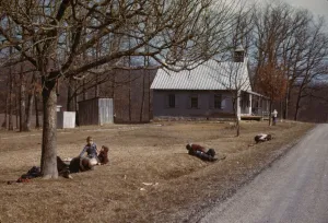 School House Prints: Children playing by road near school house, Kansas?, 1942 or 1943. Creator: John Vachon
