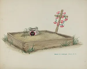 Headstone Prints: Childs Grave with Hand Made Cross of Wood, c. 1937. Creator: Majel G. Claflin