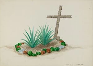 Graves Collection: Childs Grave with Wooden Cross - Bottle Decorations, c. 1937. Creator: Majel G. Claflin