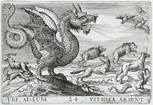 Wild Boar Prints: A Chimerical Animal Chasing Other Animals, 1610. Creator: Hendrick Hondius I