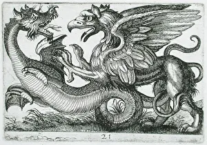 Dragons Prints: Two Chimerical Animals Fighting, 1610. Creator: Hendrick Hondius I