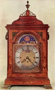 Clock Face Prints: Chiming Mantel Clock with Moon-Work in Red and Gold Lacquer Case, 1947. Creator: Unknown