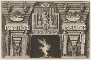 Mummification Prints: Chimneypiece in the Egyptian style: Two mummies in profile on the left and two figures