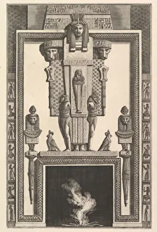 Mummification Prints: Chimneypiece in the Egyptian style: Mummy superimposed on a large caryatid above