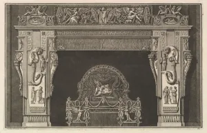Chimneypiece: Frieze of trophies and winged Victories on the lintel, with cornucopias