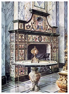 Images Dated 27th February 2009: Chimneypiece and table in coloured Florentine mosaic, 1910. Artist: Edwin Foley