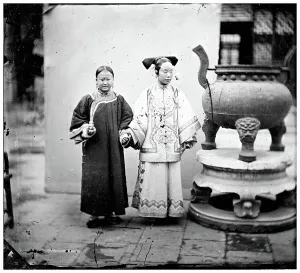 Incense Prints: China: a Manchu woman with her maid standing beside a bronze burner