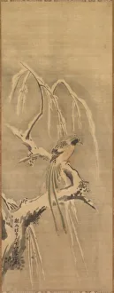 Ink And Slight Colour On Silk Prints: Chinese Bird on Snow-Laden Branch