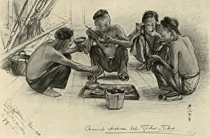 Chinese crew members eating on board the Knivsberg, 1898. Creator: Christian Wilhelm Allers