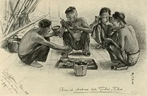 Squatting Prints: Chinese crew members eating on board the Knivsberg