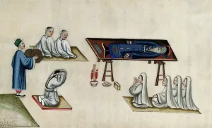 Ritual Prints: Chinese funeral customs: the body of an elderly man lies on a bier