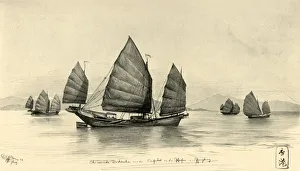 Junk Prints: Chinese junks at the entrance to Hong Kong Harbour