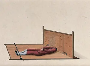 Confined Prints: A Chinese man confined to a contraption similar to stocks which constrains the movement