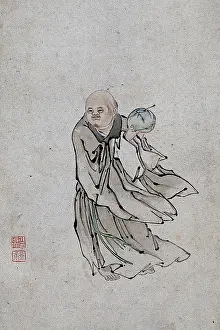 Folk Life Prints: A Chinese man holding a bowl containing a spoon