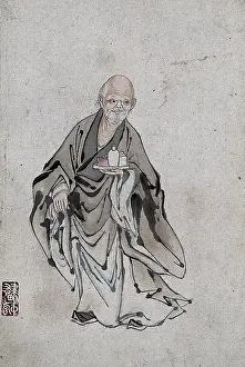 Kimonos Prints: A Chinese man standing holding three vessels on a tray