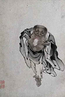 Folk Life Prints: A Chinese man standing revealing a portrait of a man within his chest