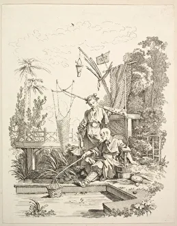 Locat Prints: A Chinese Man and Woman Fishing by a Fishpond, 18th century. Creator: Gabriel Huquier