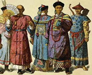 Chinese mandarin wearing official dress and house attire next to Chinese archer, Modern Age. Creator: Unknown