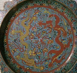 Cloisonne Gallery: Chinese Ming Dynasty enamel dish with a design of dragons, 16th century