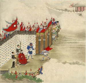 Courier Prints: Chinese prince receiving courier, ca 1820. Artist: Chinese Master