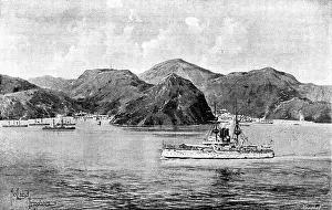Georg Meisenbach Prints: The Chinese Question: H.M.S. 'Centurion' passing Talien-Wan Bay