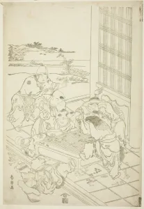 Tartar Prints: Chinese and Tartar Boys Quarreling over a Game of Go, Japan, c. 1790. Creator: Hokusai
