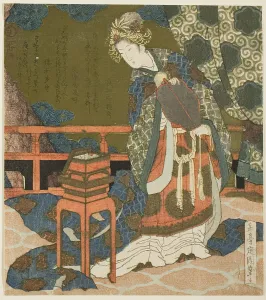 Two Chinese Women Examining Thread and a Spider's Web in a Box, from the... c. 1824. Creator: Gakutei. Two Chinese Women Examining Thread and a Spider's Web in a Box, from the... c. 1824. Creator: Gakutei