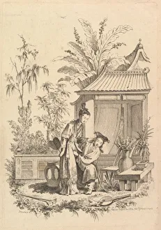 Chez Huquier Gallery: Chinoiserie scene with figures in a landscape, 18th century. Creator: Gabriel Huquier