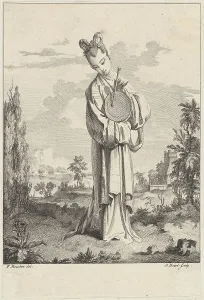 Chinoiserie Prints: Chinoiserie with a woman playing a gong
