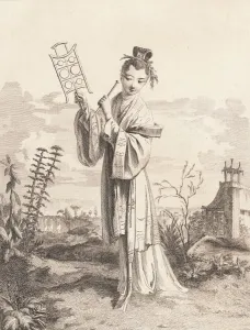 Chinoiserie with a woman playing a musical instrument, from Suite de Figures Chinoises... 1755-76. Creator: Jean-Pierre Houel