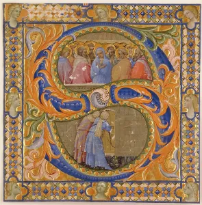 Giovanni Piero Di Prints: Choral Leaf Fragment: Framed Historiated 'S' with Pentecost and Virgin Mary