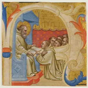 Hymn Book Prints: Choral Leaf Fragment: Historiated 'A' with Six Monks Presenting a Book to an Enthroned