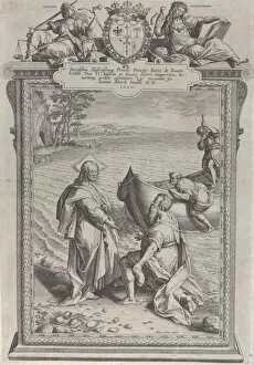 Christ calling Saint Andrew, who kneels before him on a beach, and Saint Peter