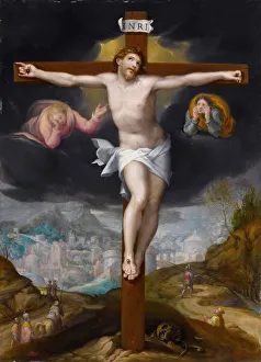 Dead Christ Prints: Christ on the Cross between two angels. Artist: Mostaert, Gillis (1534-1598)