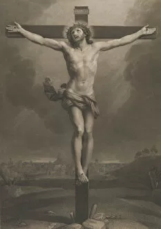Nails Gallery: Christ on the cross, a town in the background, after Reni, 1850-88