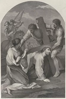 Holy Gallery: Christ fallen to the ground under the weight of the cross, with two men assisting