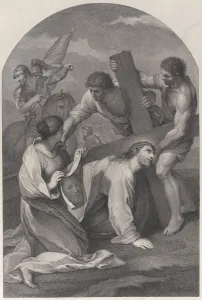 Christ fallen to the ground under the weight of the cross, with two men assisting Christ fallen to the ground under the weight of the cross, with two men assisting