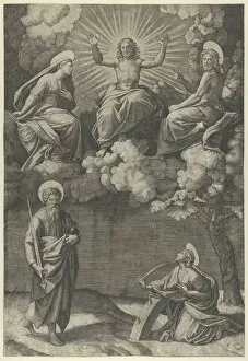 Christ flanked by the Virgin and St. John in the upper section, St. Paul and St. Ca..., ca. 1520-25