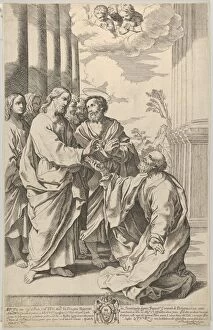 Guidop Reni Gallery: Christ giving the keys of the church to Saint Peter who kneels before him, after Guido