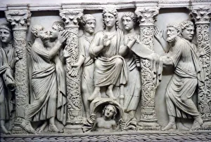 Christ handing scrolll of new law to St Peter while looking at St Paul, mid-4th century Christ handing scrolll of new law to St Peter while looking at St Paul, mid-4th century